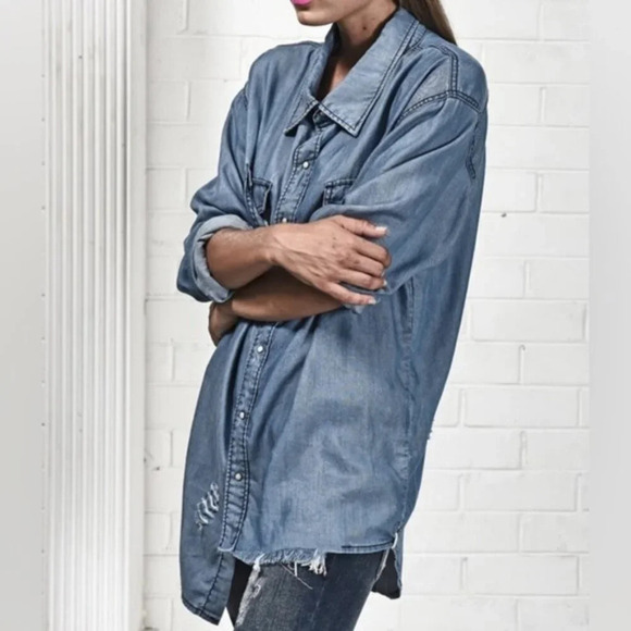 One Teaspoon Medium Wash Denim Button Down Shirts Chambray Dallas Tencel XXS - Picture 4 of 15